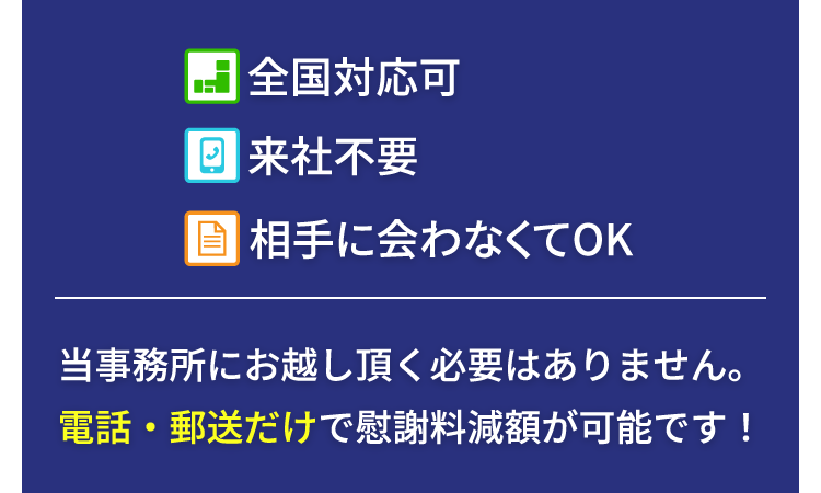 全国対応可、来社不要、相手に会わなくてOK。当事務所にお越し頂く必要はありません。電話・郵送だけで慰謝料減額が可能です!