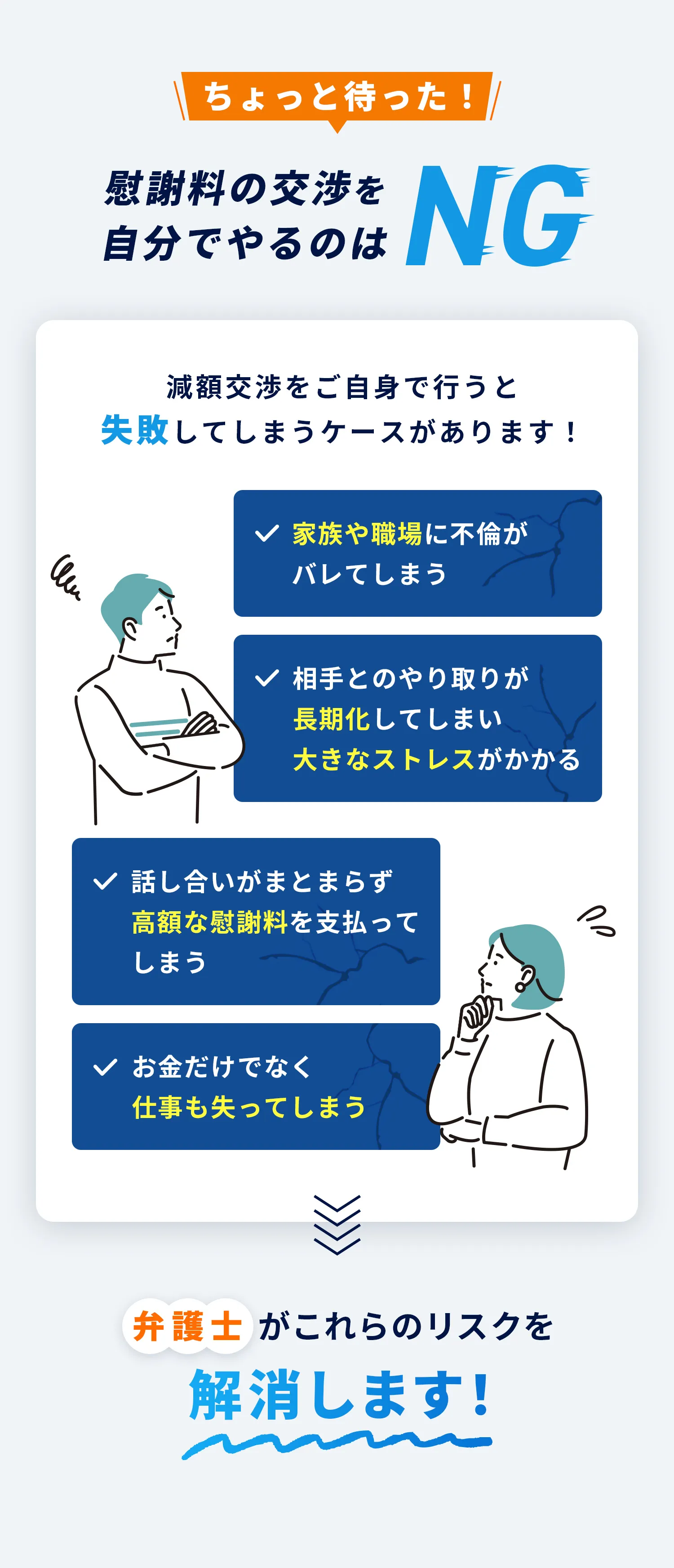 ちょっと待った！慰謝料の交渉を自分でやるのはNG 減額交渉をご自身で行うと失敗してしまうケースがあります！弁護士がこれらのリスクを解消します！